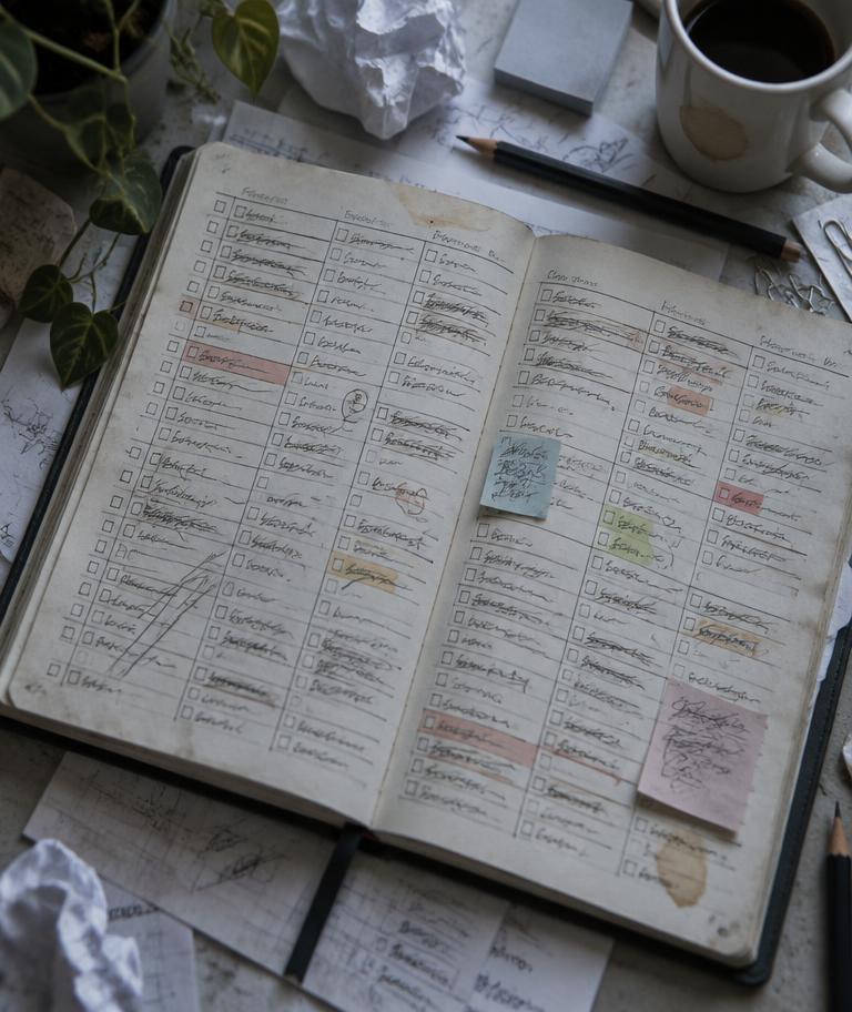 A crowded planner filled with crossed-out tasks